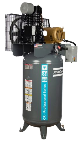 Grey atlas CR industrial air compressor on a vertical grey tank with a blue logo sticker